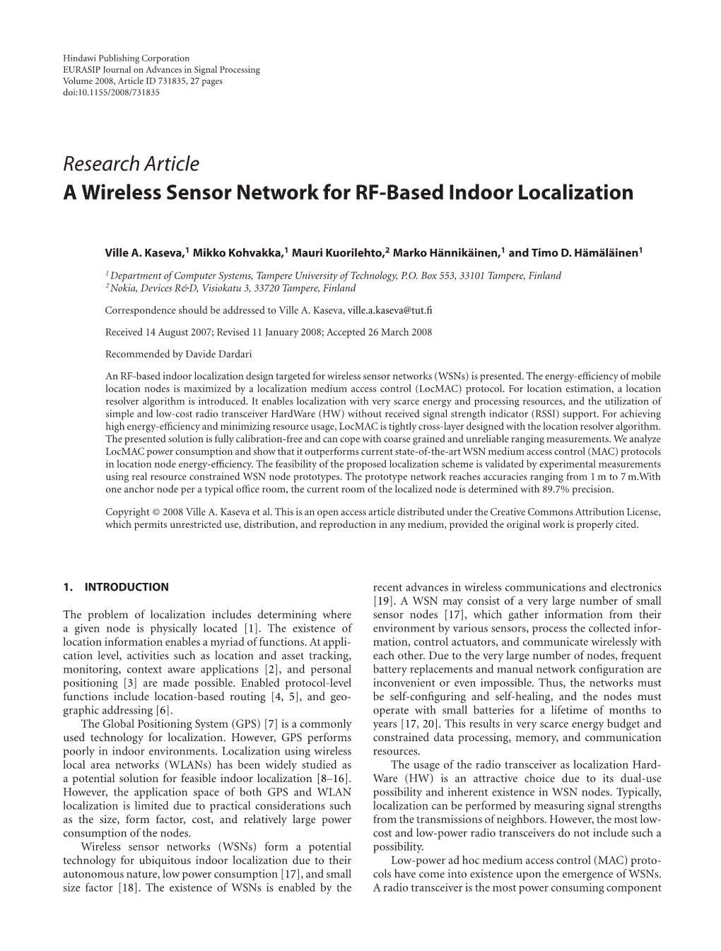 A Wireless Sensor Network for RF-Based Indoor Localization