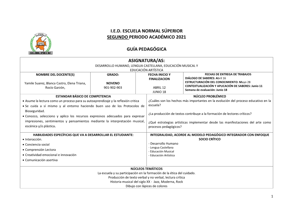 Ied Escuela Normal Súperior Segundo Periodo Académico 2021 Guía