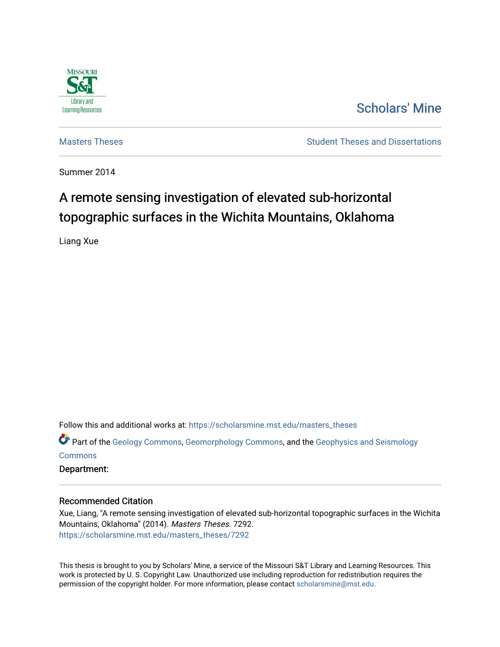 A Remote Sensing Investigation of Elevated Sub-Horizontal Topographic Surfaces in the Wichita Mountains, Oklahoma