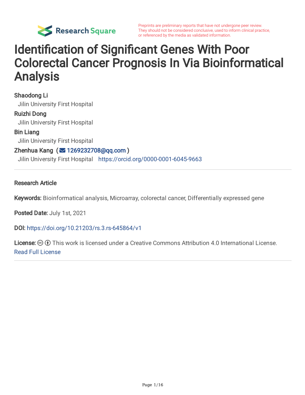 Identi Cation of Signi Cant Genes with Poor Colorectal Cancer Prognosis