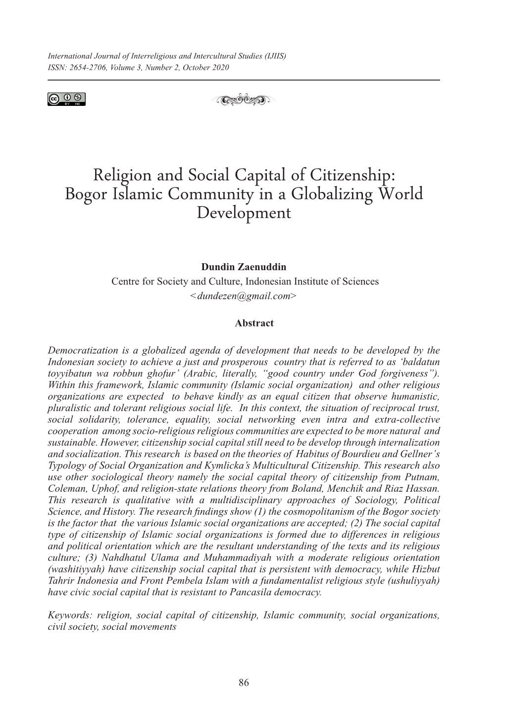 Religion and Social Capital of Citizenship: Bogor Islamic Community in a Globalizing World Development