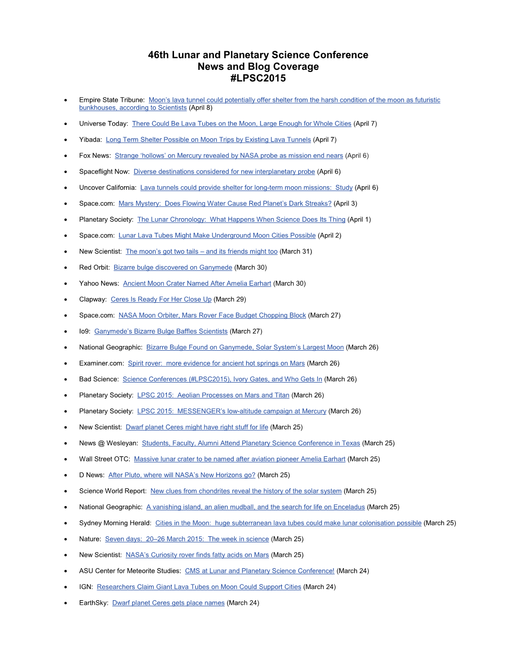 46Th Lunar and Planetary Science Conference News and Blog Coverage #LPSC2015