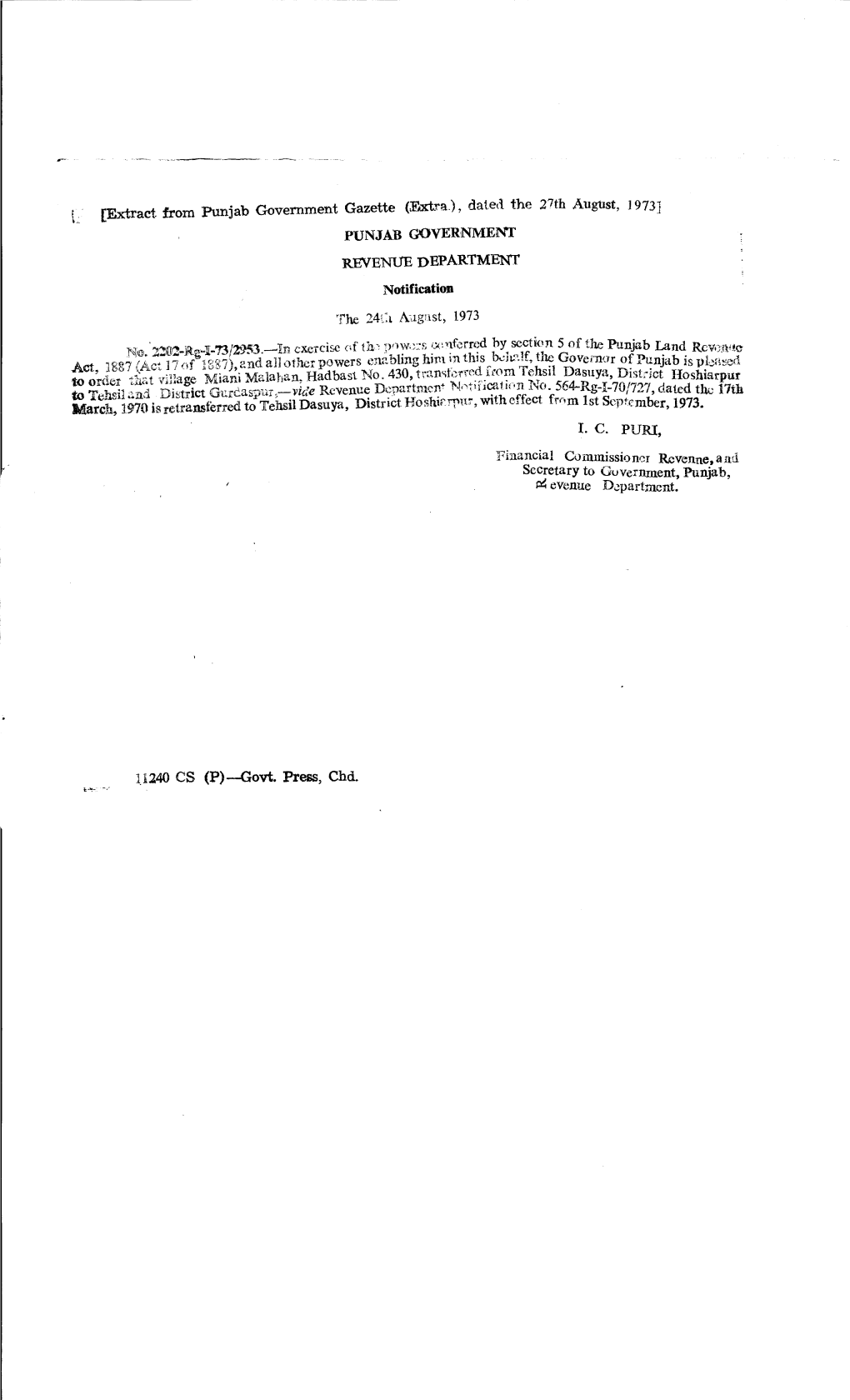 L [Extract from Punjab Government Gazette (Ext.-Ra.), Dated the 27Th Augtlst, 1973] PUNJAB GOVERNMENT REVENUE DEPARTMENT