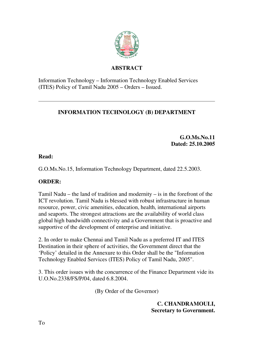 ITES) Policy of Tamil Nadu 2005 – Orders – Issued