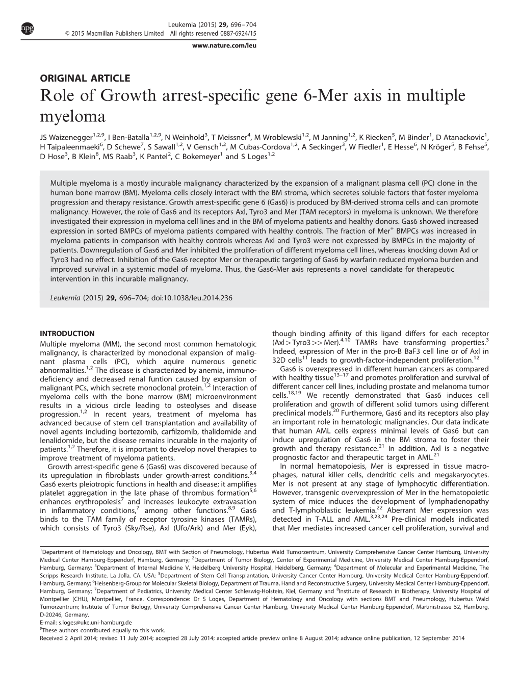 Role of Growth Arrest-Specific Gene 6-Mer Axis in Multiple Myeloma