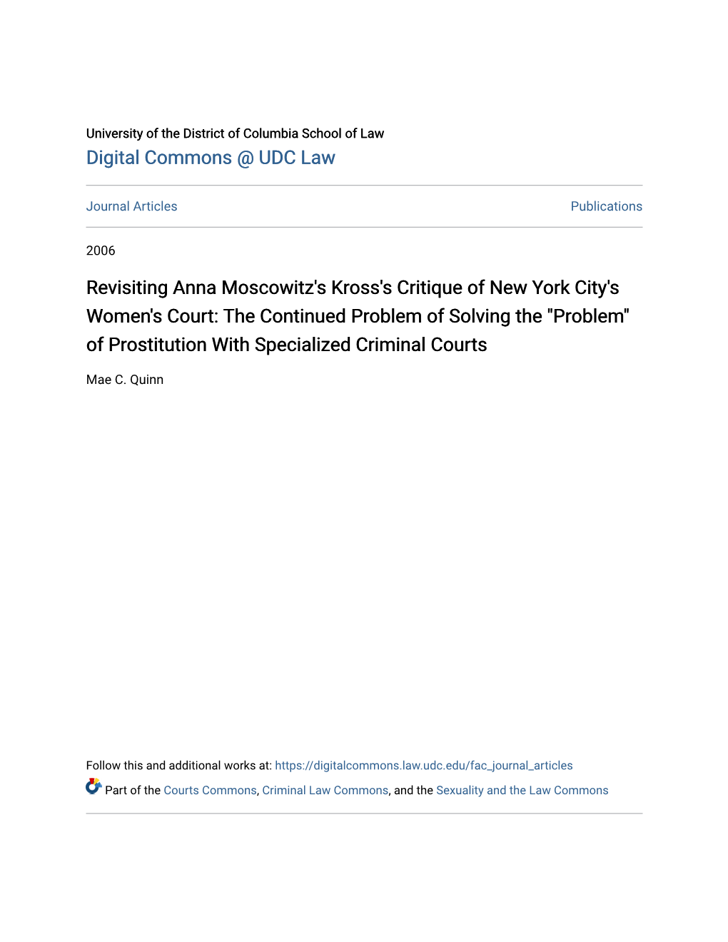 Revisiting Anna Moscowitz's Kross's Critique of New York City's Women's Court