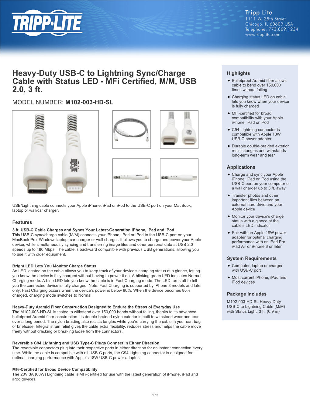 Heavy-Duty USB-C to Lightning Sync/Charge Cable with Status