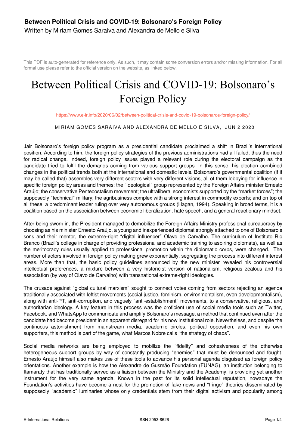 Between Political Crisis and COVID-19: Bolsonaro's Foreign Policy