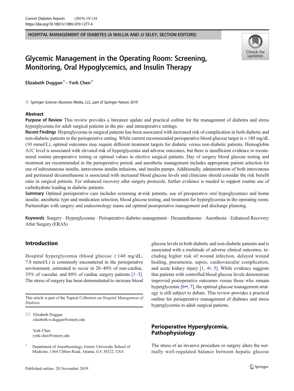 Glycemic Management in the Operating Room: Screening, Monitoring, Oral Hypoglycemics, and Insulin Therapy