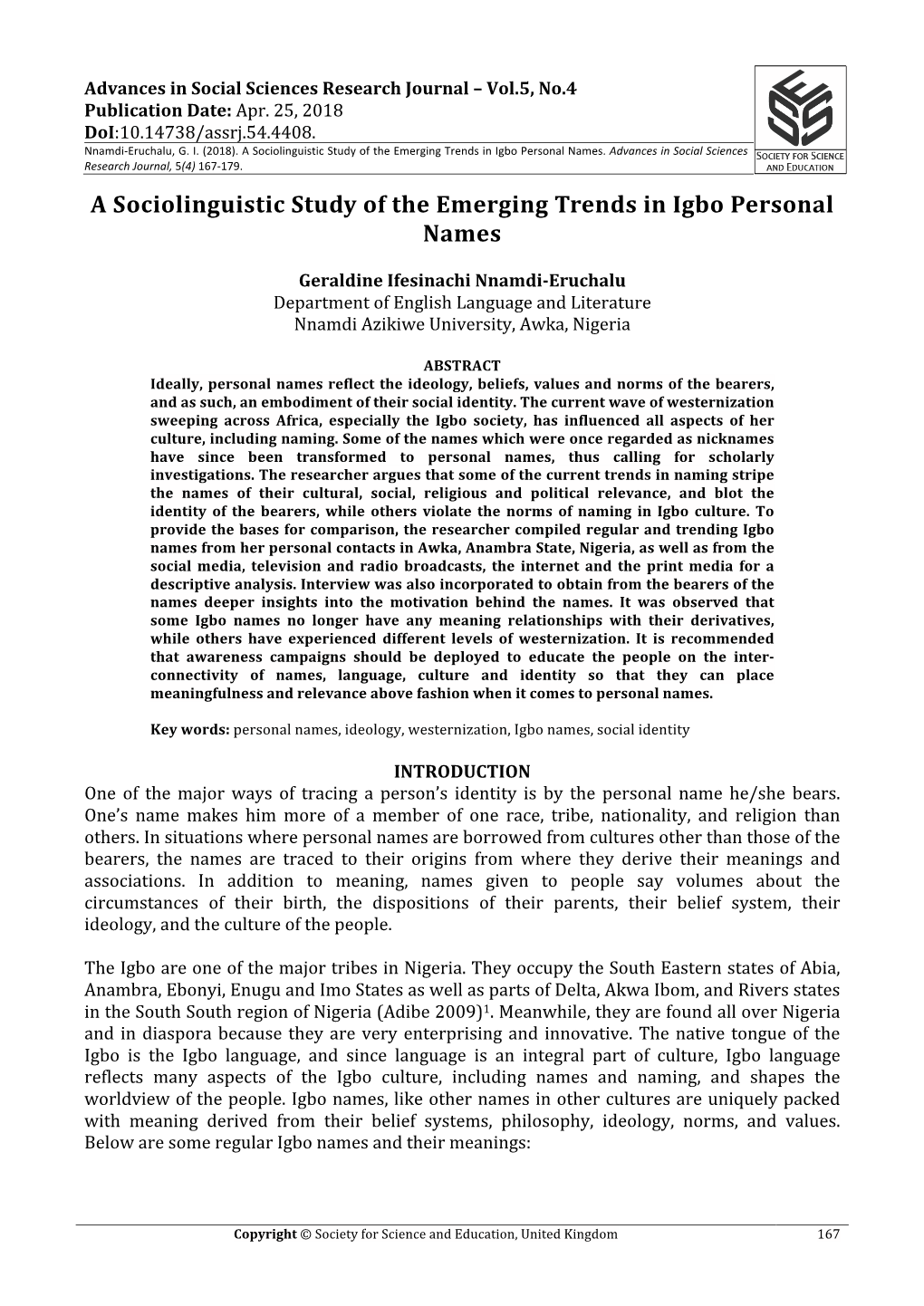 A Sociolinguistic Study of the Emerging Trends in Igbo Personal Names