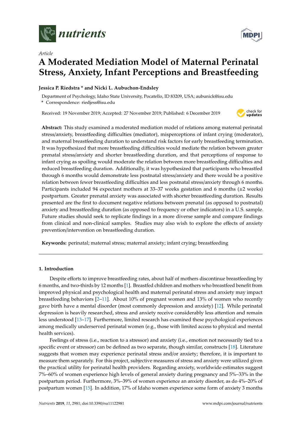 A Moderated Mediation Model of Maternal Perinatal Stress, Anxiety, Infant Perceptions and Breastfeeding