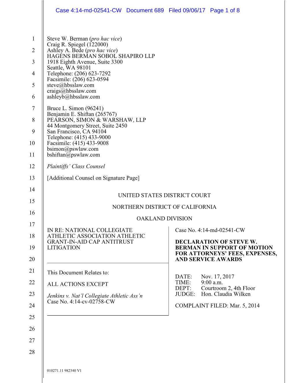 Case 4:14-Md-02541-CW Document 689 Filed 09/06/17 Page 1 of 8