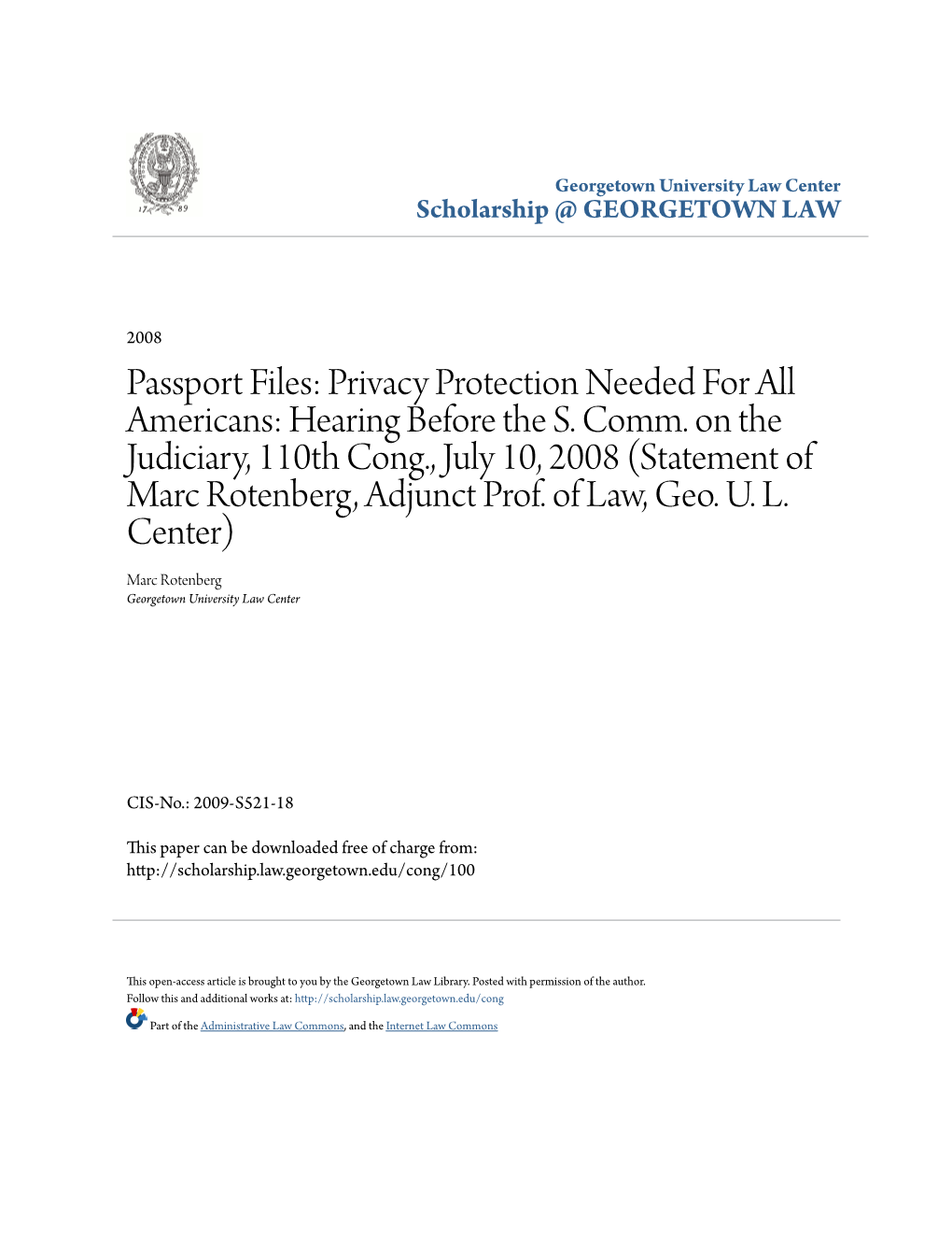 Passport Files: Privacy Protection Needed for All Americans: Hearing Before the S