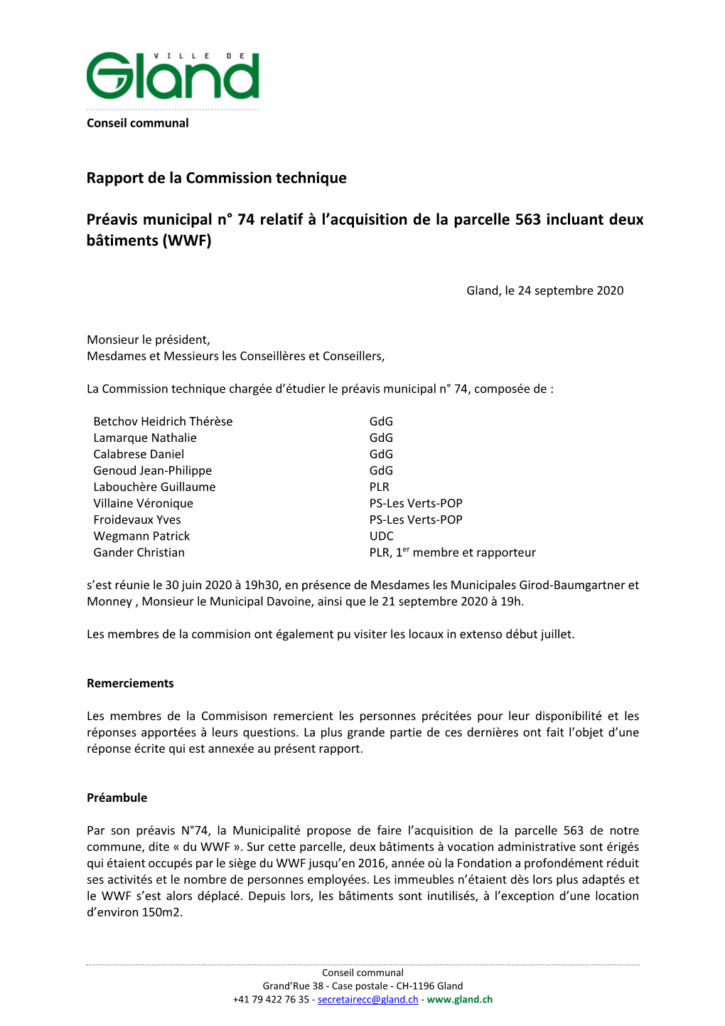 Rapport De La Commission Technique Préavis Municipal N° 74 Relatif À L