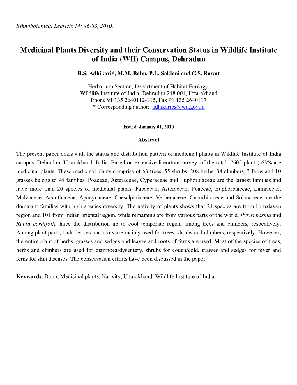 Medicinal Plants Diversity and Their Conservation Status in Wildlife