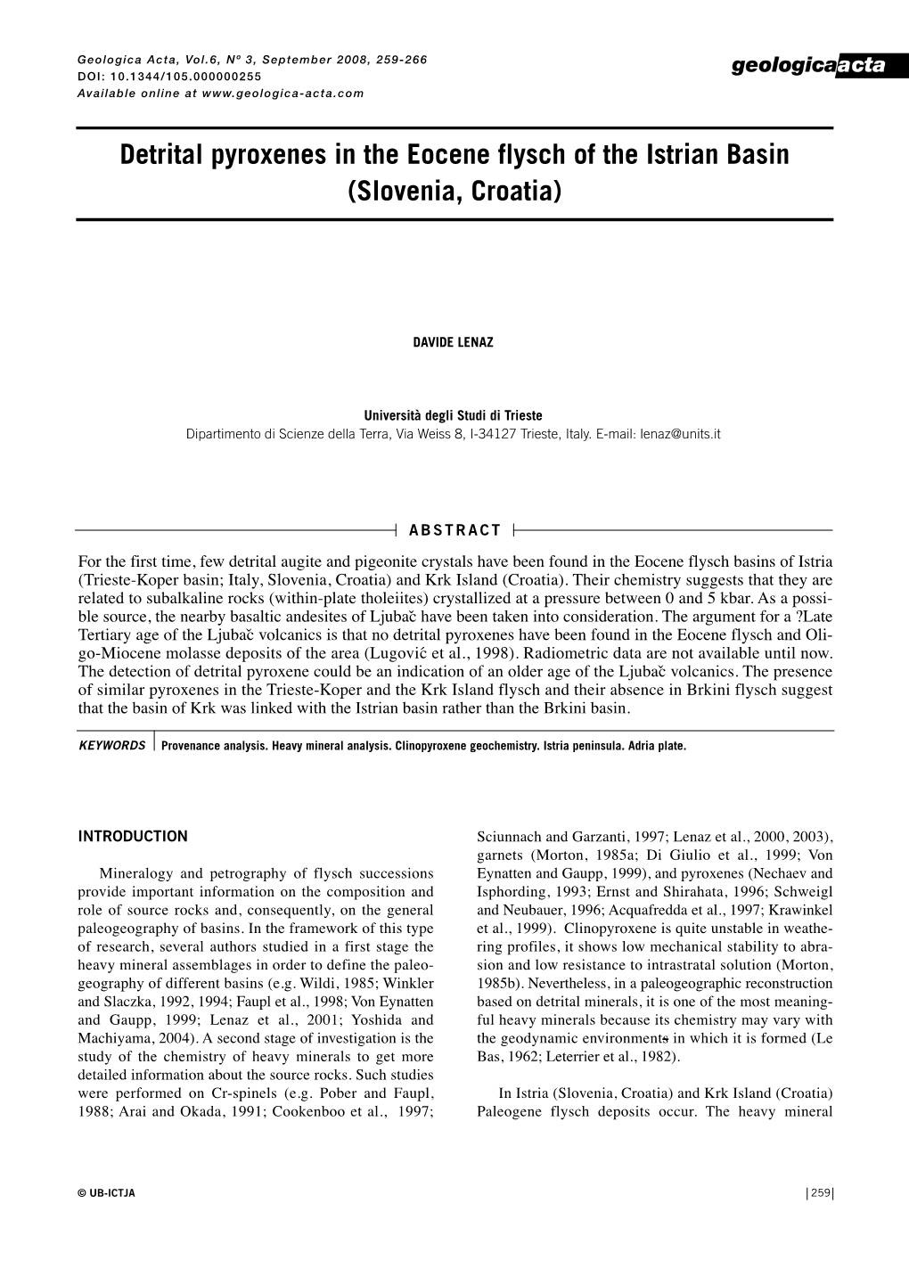 Detrital Pyroxenes in the Eocene Flysch of the Istrian Basin (Slovenia, Croatia)