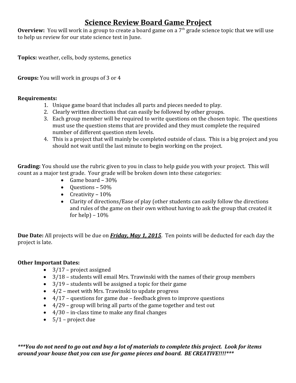 Science Review Board Game Project