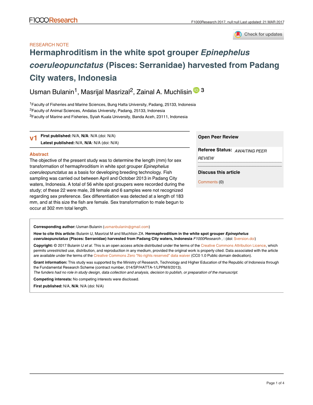 Hermaphroditism in the White Spot Grouper Epinephelus (Pisces