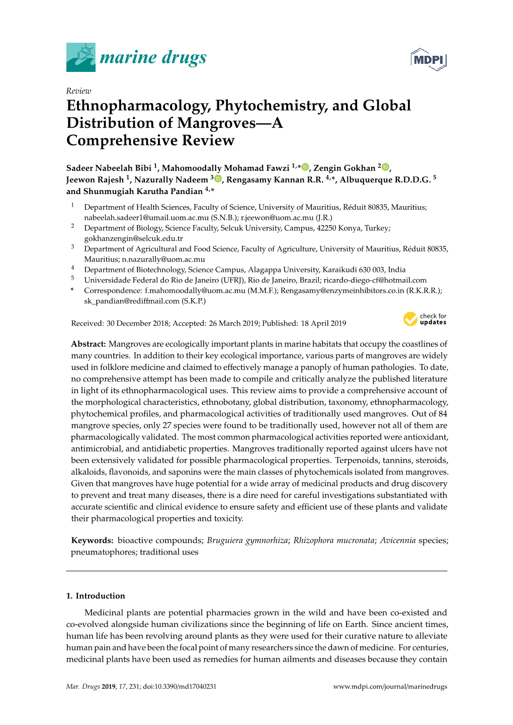 Ethnopharmacology, Phytochemistry, and Global Distribution of Mangroves—A Comprehensive Review