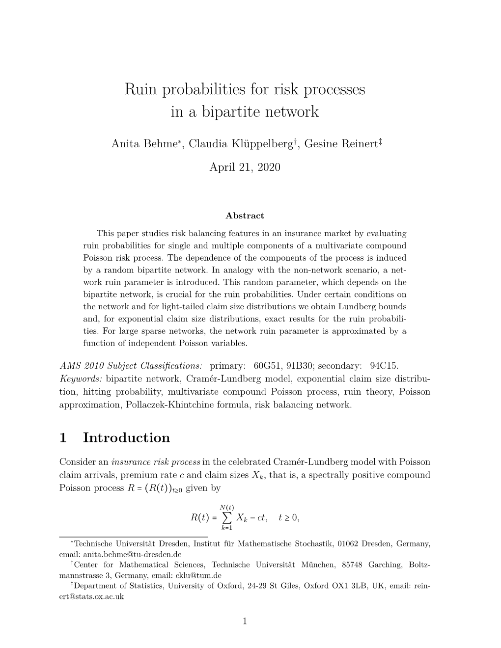 Ruin Probabilities for Risk Processes in a Bipartite Network