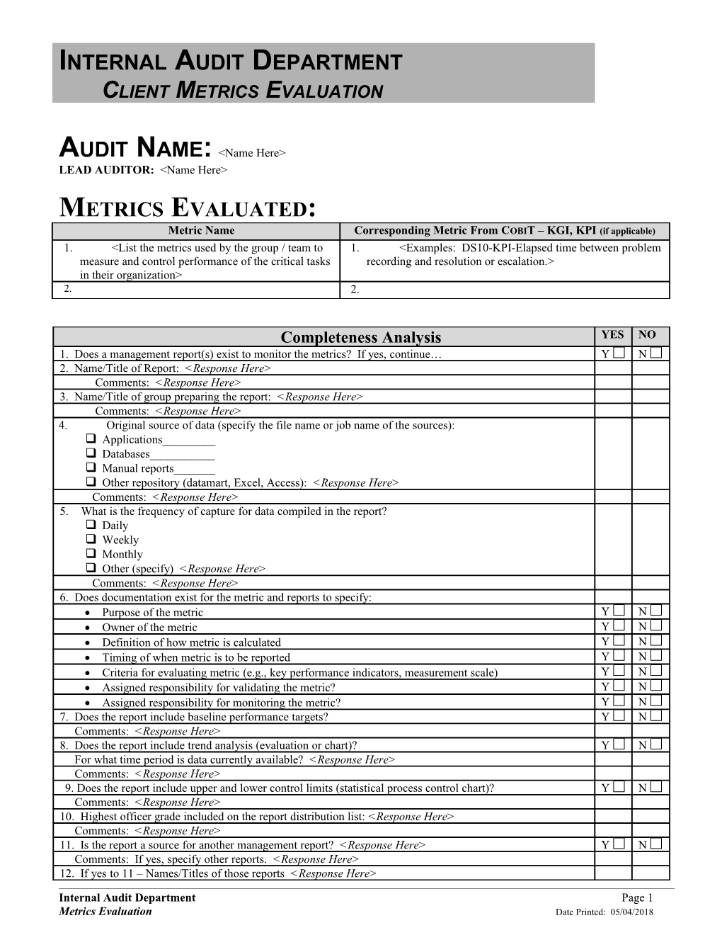 Internal Audit Department Client Metrics Evaluation