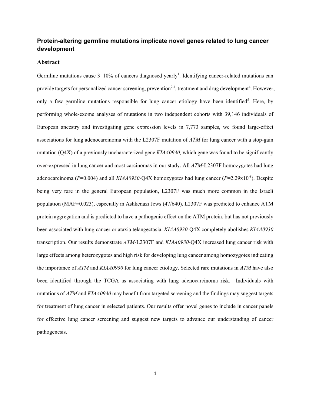 Protein-Altering Germline Mutations Implicate Novel Genes Related to Lung Cancer Development