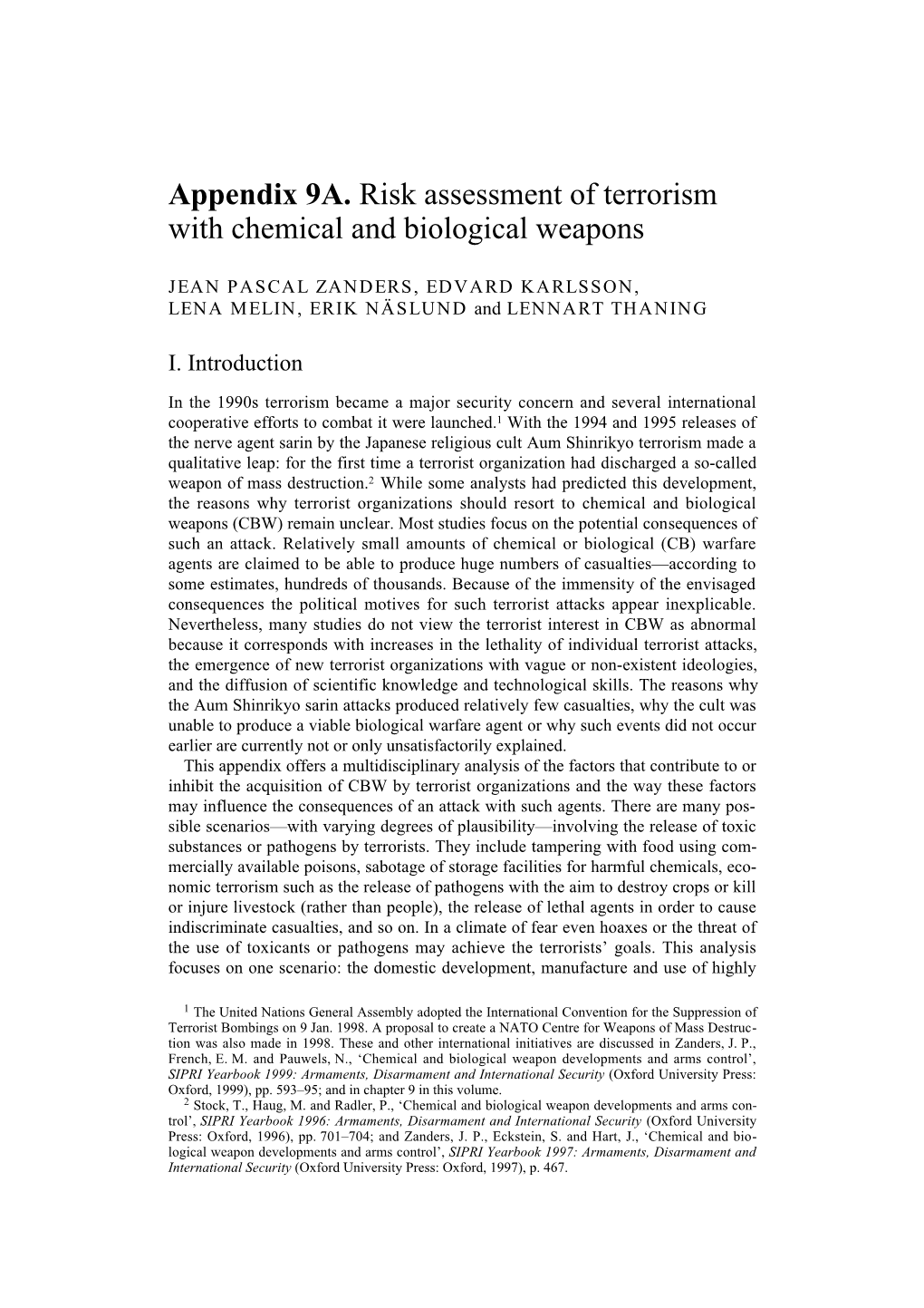 Risk Assessment of Terrorism with Chemical and Biological Weapons