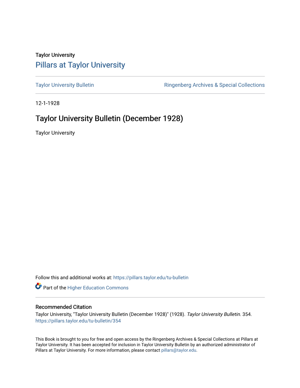 Taylor University Bulletin (December 1928)