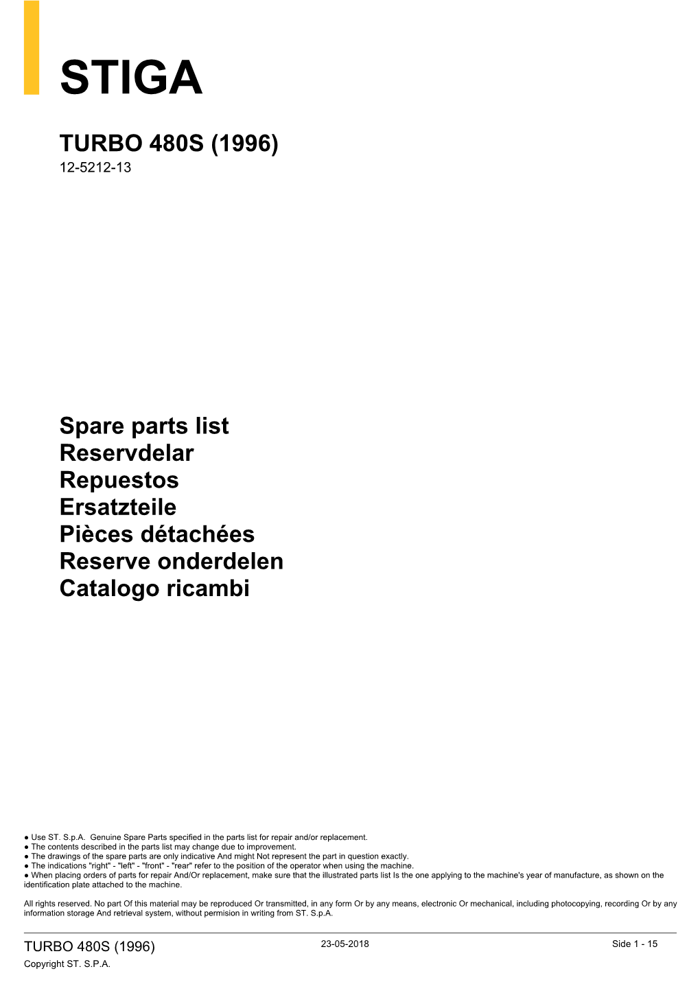 TURBO 480S (1996) Spare Parts List Reservdelar Repuestos Ersatzteile