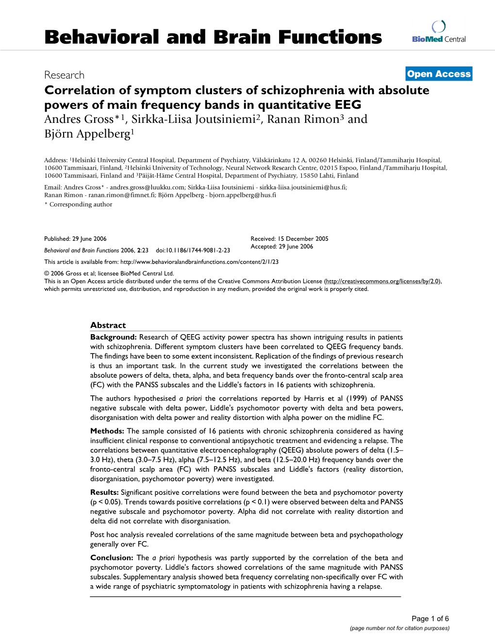 Behavioral and Brain Functions Biomed Central