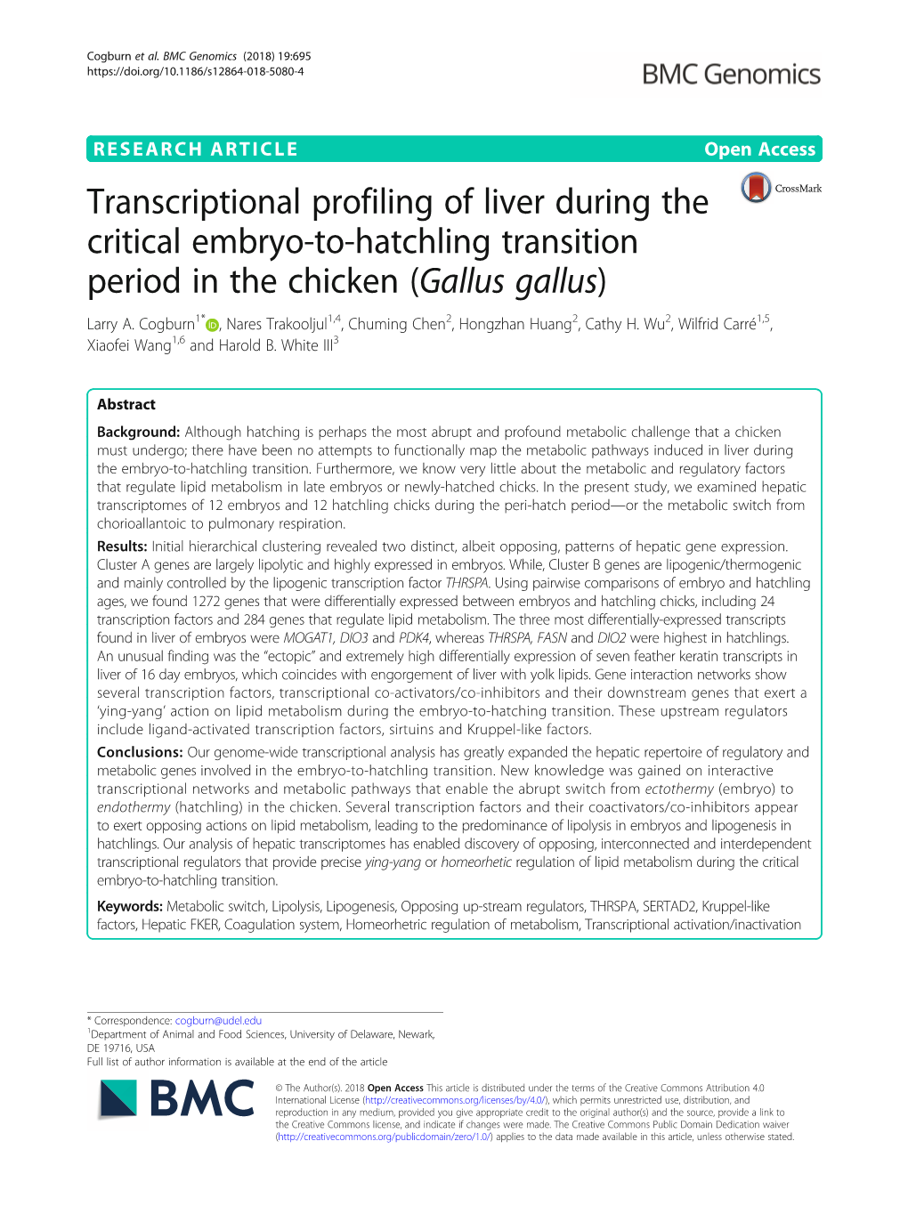 Transcriptional Profiling of Liver During the Critical Embryo-To-Hatchling Transition Period in the Chicken (Gallus Gallus) Larry A