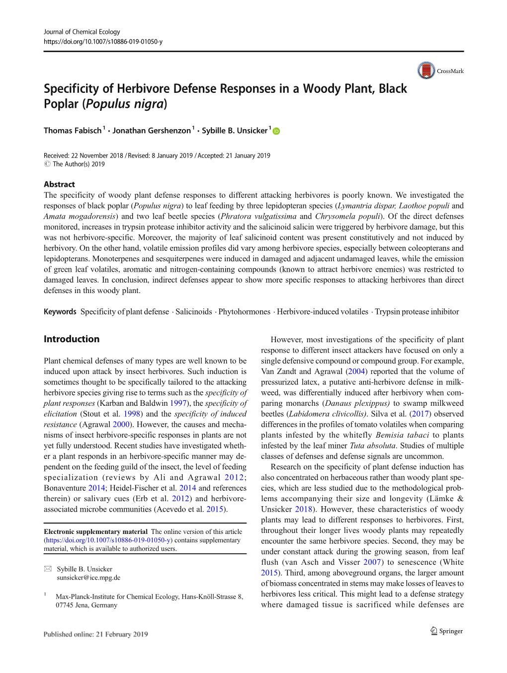 Specificity of Herbivore Defense Responses in a Woody Plant, Black Poplar (Populus Nigra)