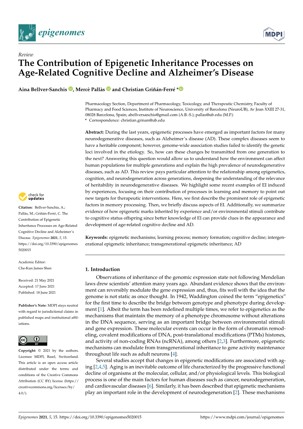 The Contribution of Epigenetic Inheritance Processes on Age-Related Cognitive Decline and Alzheimer’S Disease