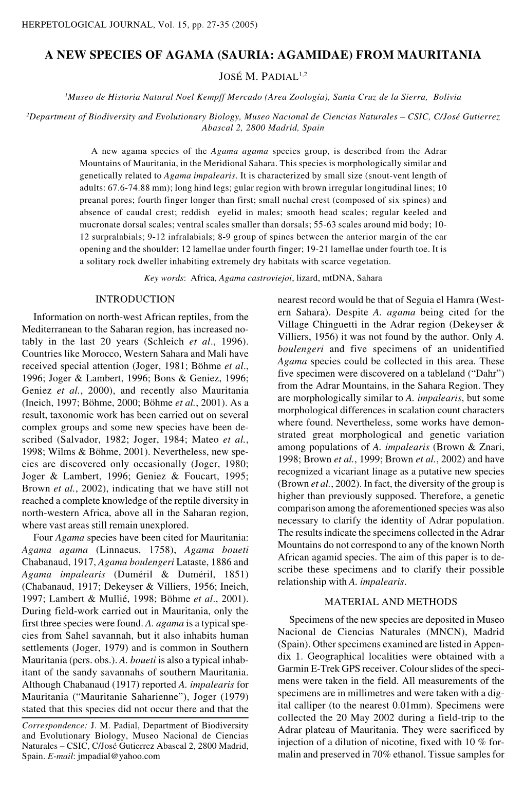 A New Species of Agama (Sauria: Agamidae) from Mauritania