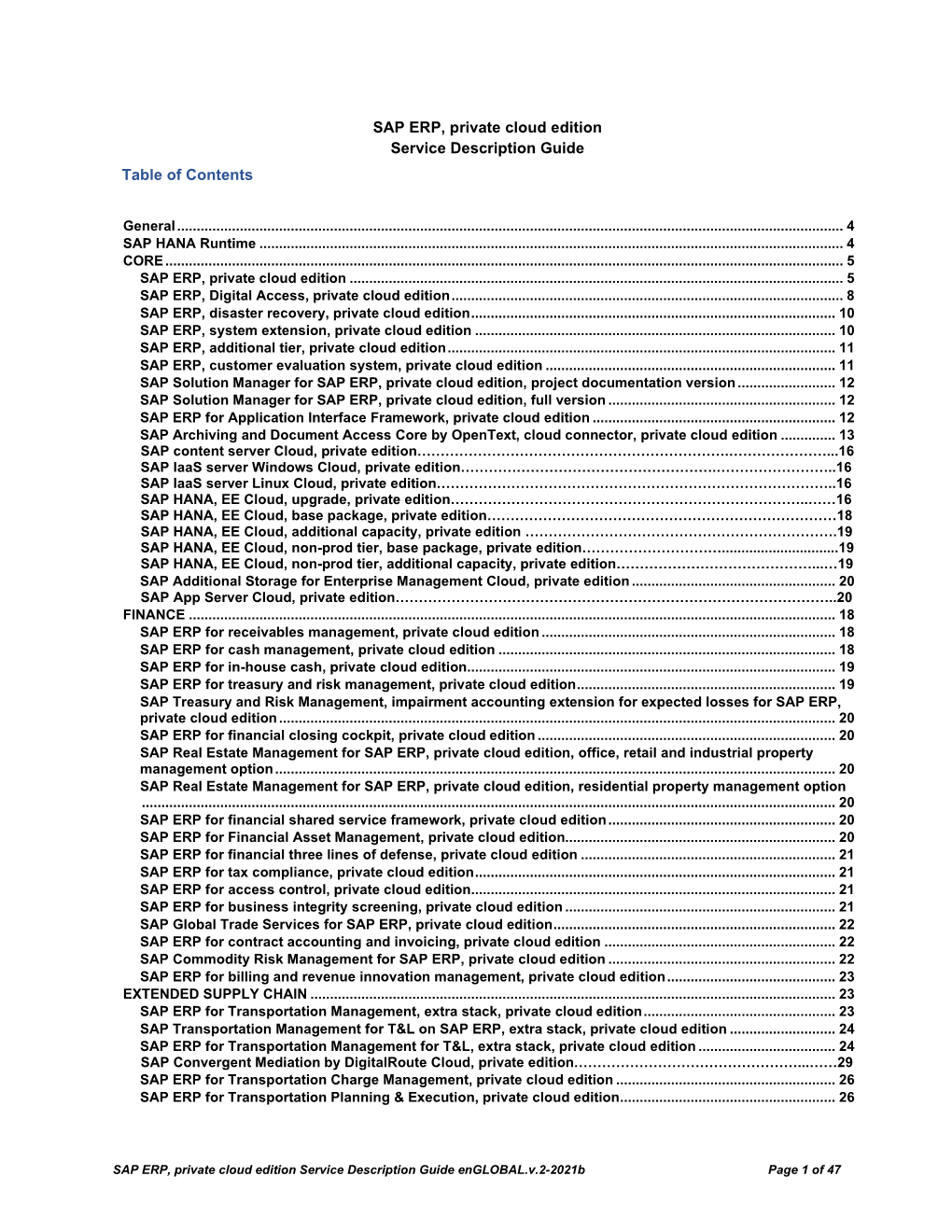 SAP ERP, Private Cloud Edition Service Description Guide Table of Contents