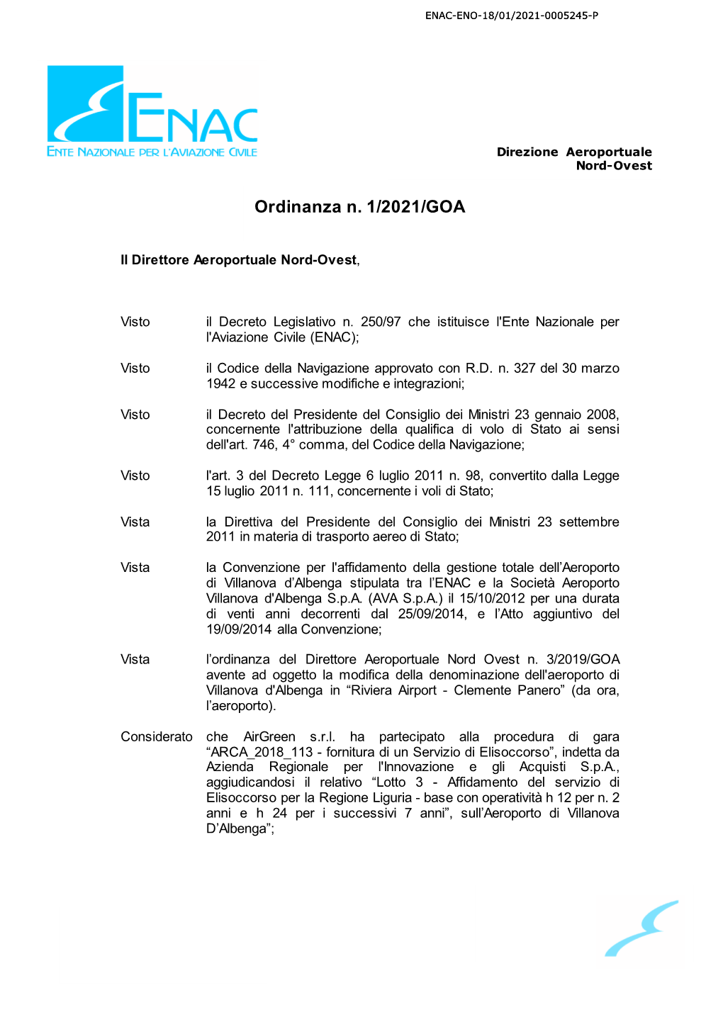 Ordinanza N. 1/2021/GOA