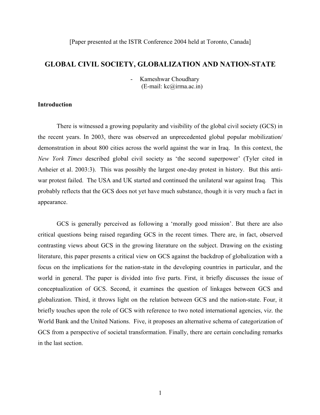 Global Civil Society, Globalization and Nation-State