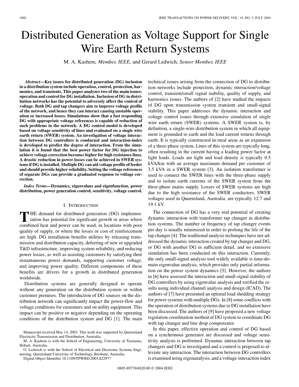 Distributed Generation As Voltage Support for Single Wire Earth Return Systems M