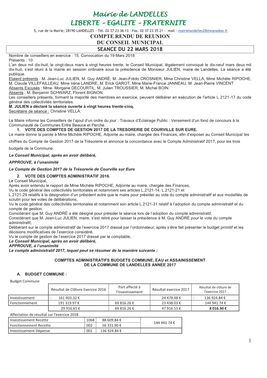 Conseil Municipal Du 22 Mars 2018