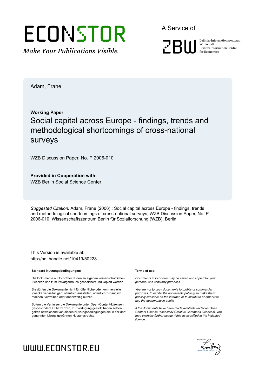 Social Capital Across Europe - Findings, Trends and Methodological Shortcomings of Cross-National Surveys