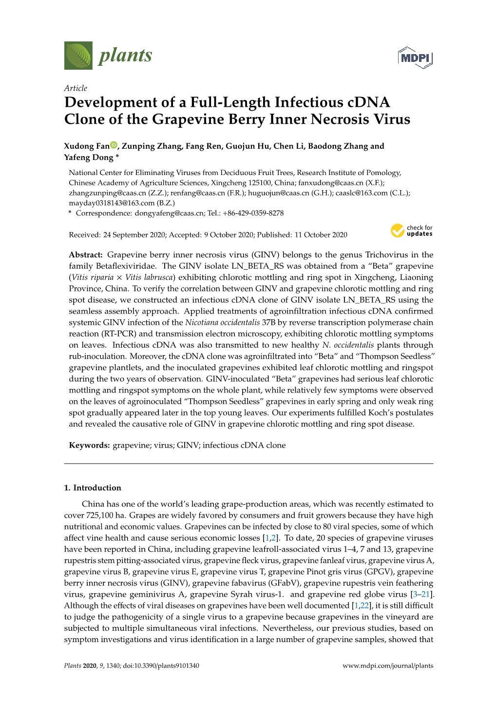 Development of a Full-Length Infectious Cdna Clone of the Grapevine Berry Inner Necrosis Virus