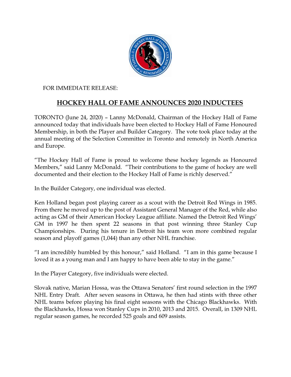 Hockey Hall of Fame Announces 2020 Inductees