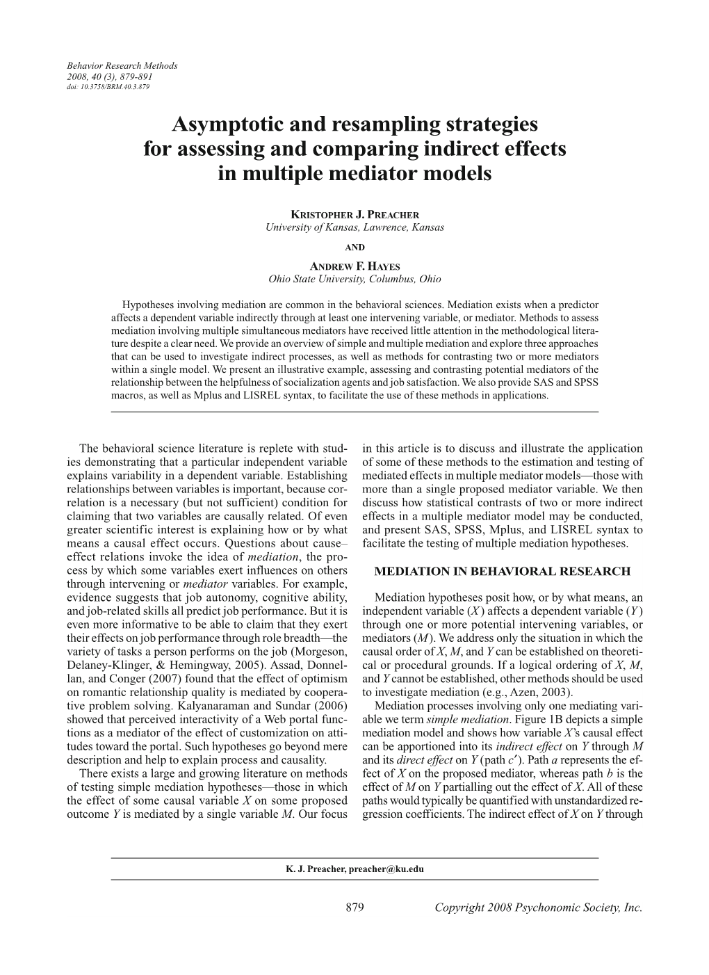 Asymptotic and Resampling Strategies for Assessing and Comparing Indirect Effects in Multiple Mediator Models