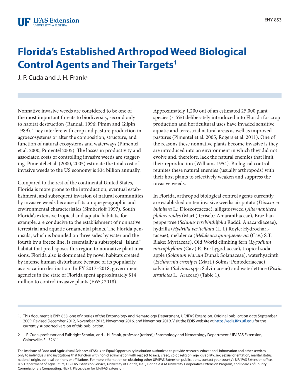 Florida's Established Arthropod Weed Biological Control Agents and Their