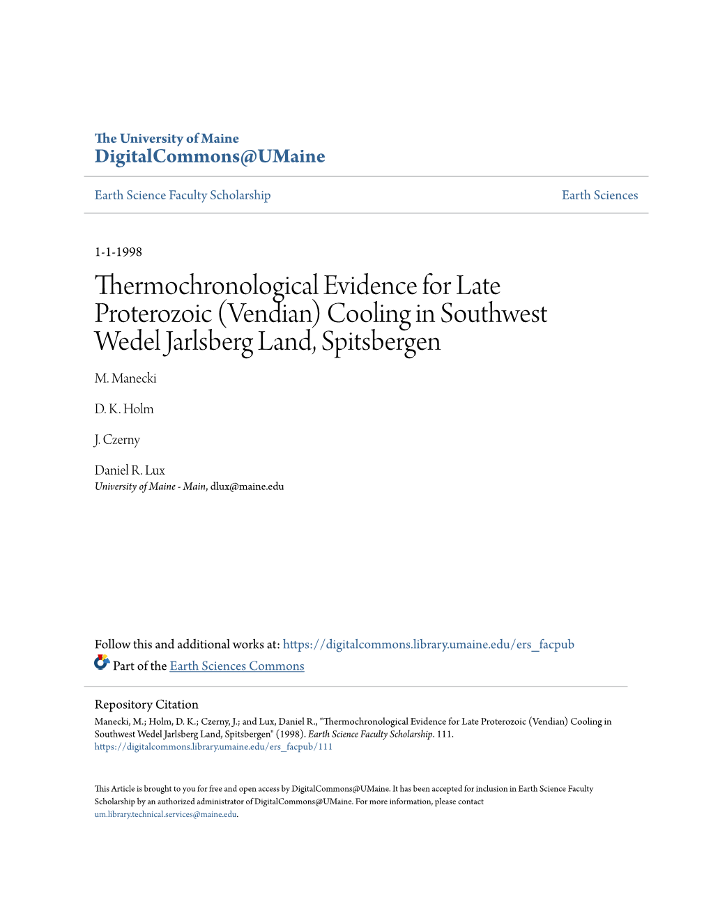 Thermochronological Evidence for Late Proterozoic (Vendian) Cooling in Southwest Wedel Jarlsberg Land, Spitsbergen M