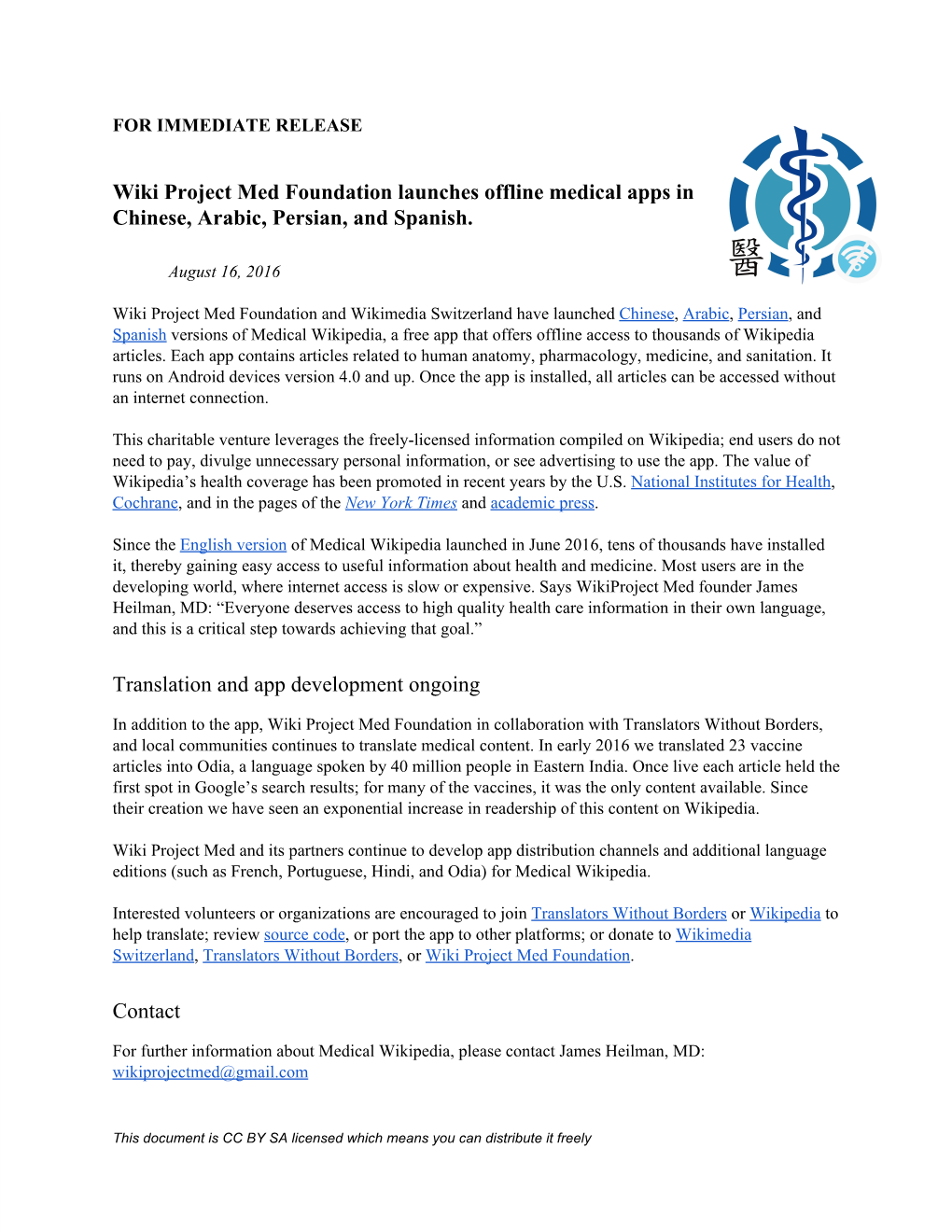 Wiki Project Med Foundation Launches Offline Medical Apps in Chinese, Arabic, Persian, and Spanish