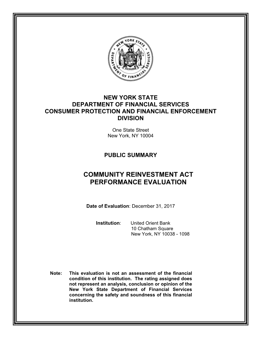 Community Reinvestment Act Performance Evaluation