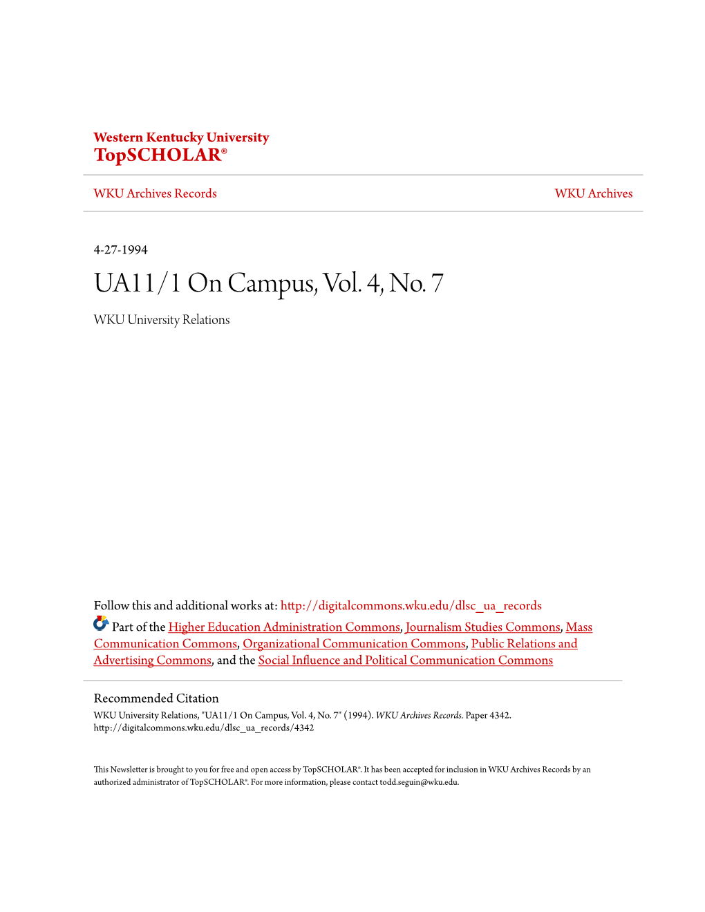 UA11/1 on Campus, Vol. 4, No. 7 WKU University Relations