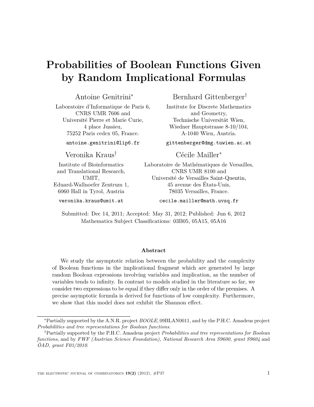 Probabilities of Boolean Functions Given by Random Implicational Formulas