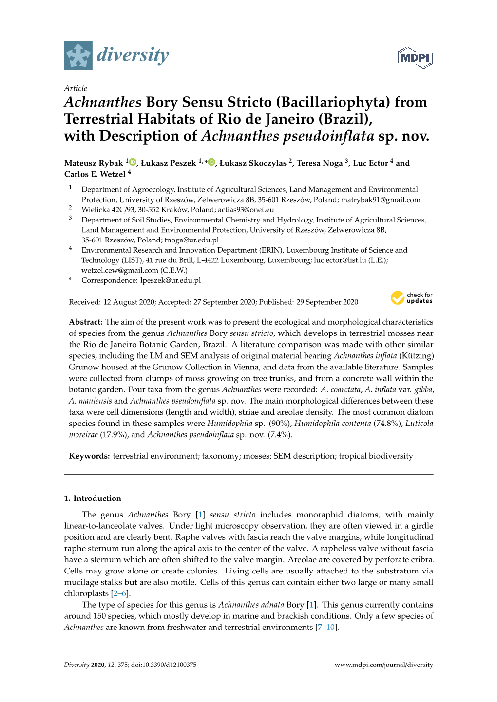 From Terrestrial Habitats of Rio De Janeiro (Brazil), with Description of Achnanthes Pseudoinﬂata Sp